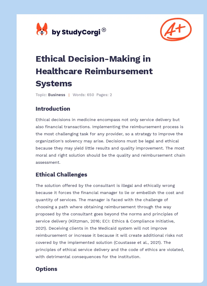 Ethical Decision-Making in Healthcare Reimbursement Systems. Page 1