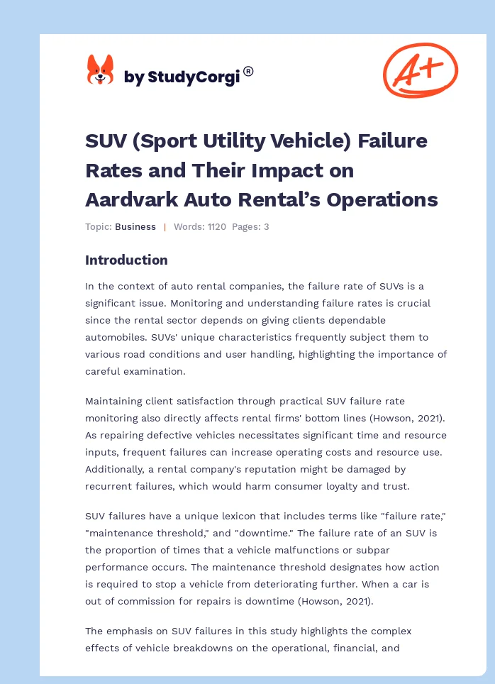 SUV (Sport Utility Vehicle) Failure Rates and Their Impact on Aardvark Auto Rental’s Operations. Page 1