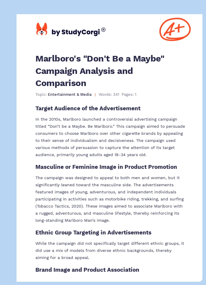 Marlboro's "Don't Be a Maybe" Campaign Analysis and Comparison. Page 1