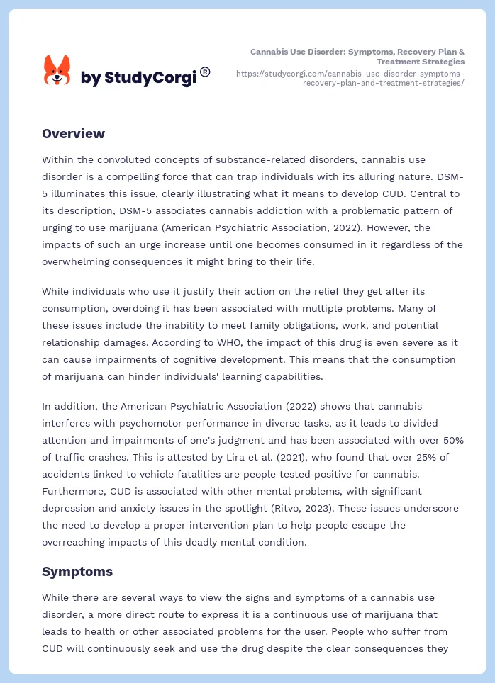 Cannabis Use Disorder: Symptoms, Recovery Plan & Treatment Strategies. Page 2