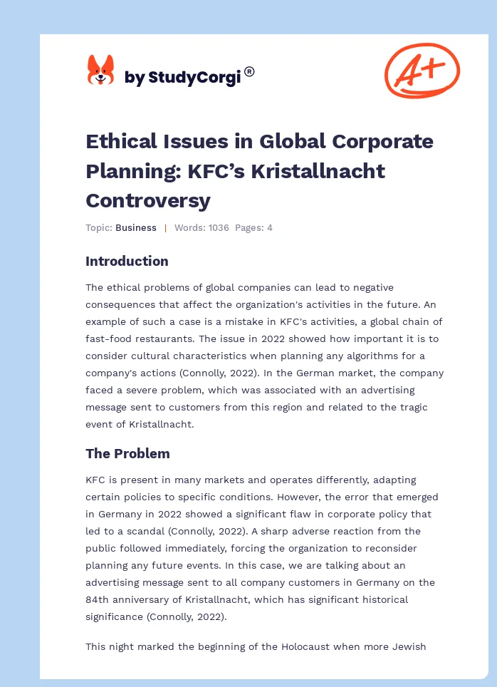 Ethical Issues in Global Corporate Planning: KFC’s Kristallnacht Controversy. Page 1