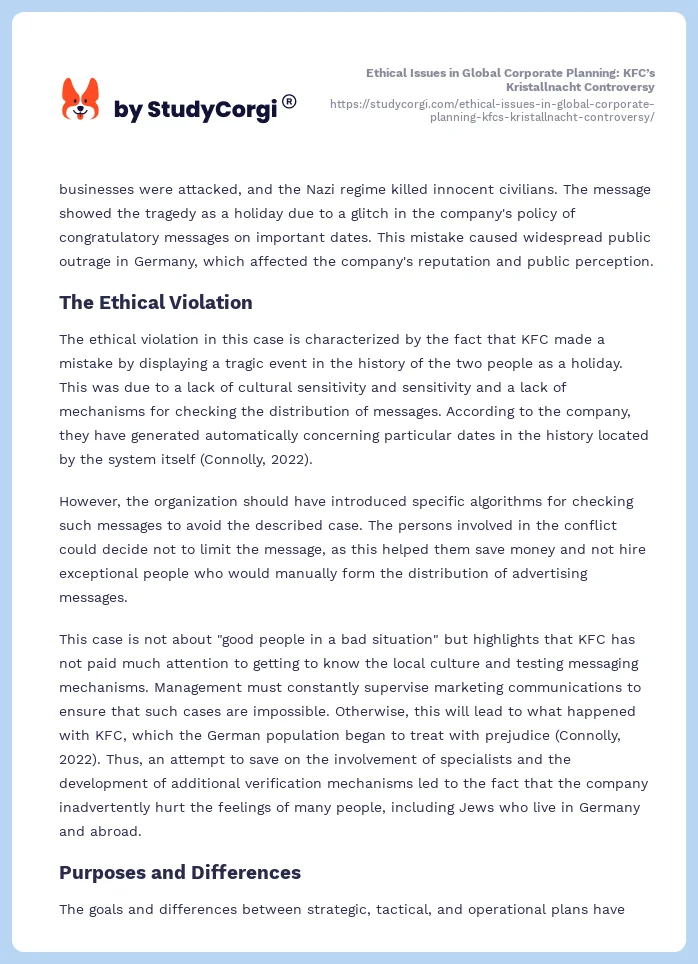 Ethical Issues in Global Corporate Planning: KFC’s Kristallnacht Controversy. Page 2