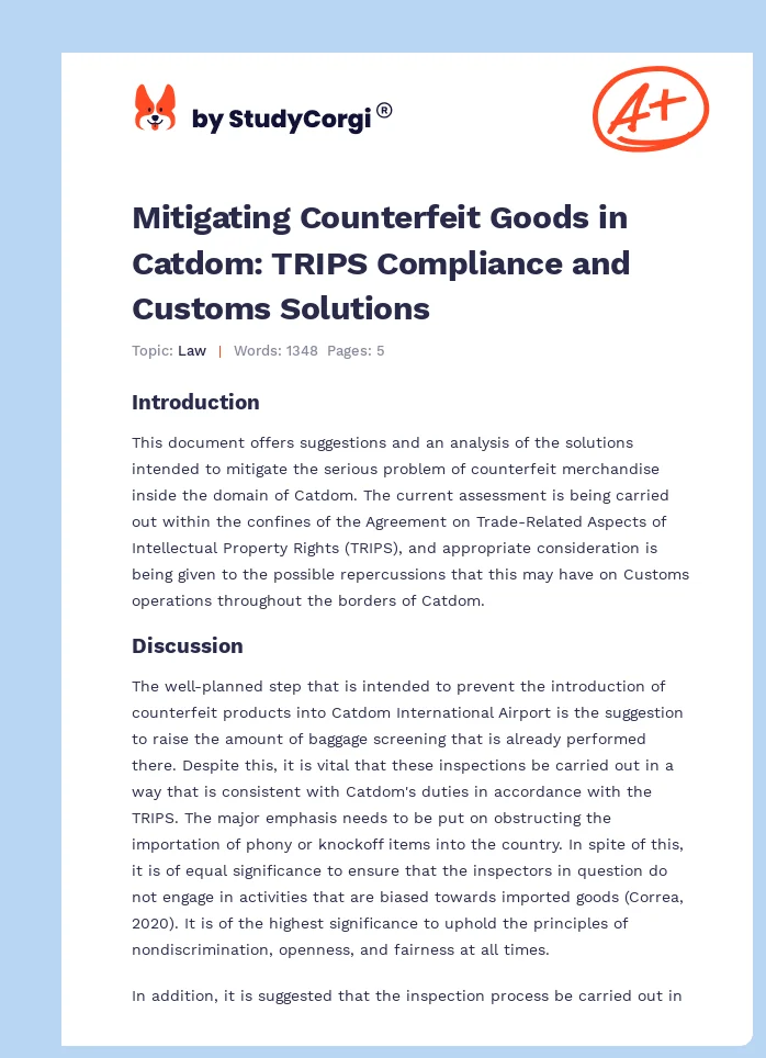 Mitigating Counterfeit Goods in Catdom: TRIPS Compliance and Customs Solutions. Page 1