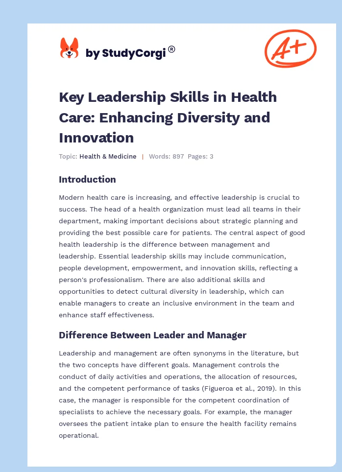 Key Leadership Skills in Health Care: Enhancing Diversity and Innovation. Page 1