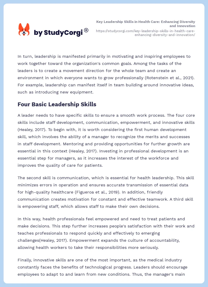 Key Leadership Skills in Health Care: Enhancing Diversity and Innovation. Page 2