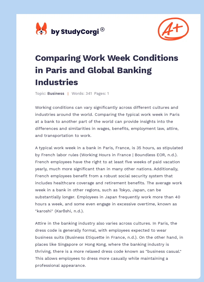 Comparing Work Week Conditions in Paris and Global Banking Industries. Page 1