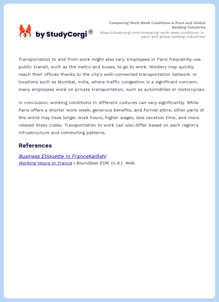 Comparing Work Week Conditions in Paris and Global Banking Industries. Page 2