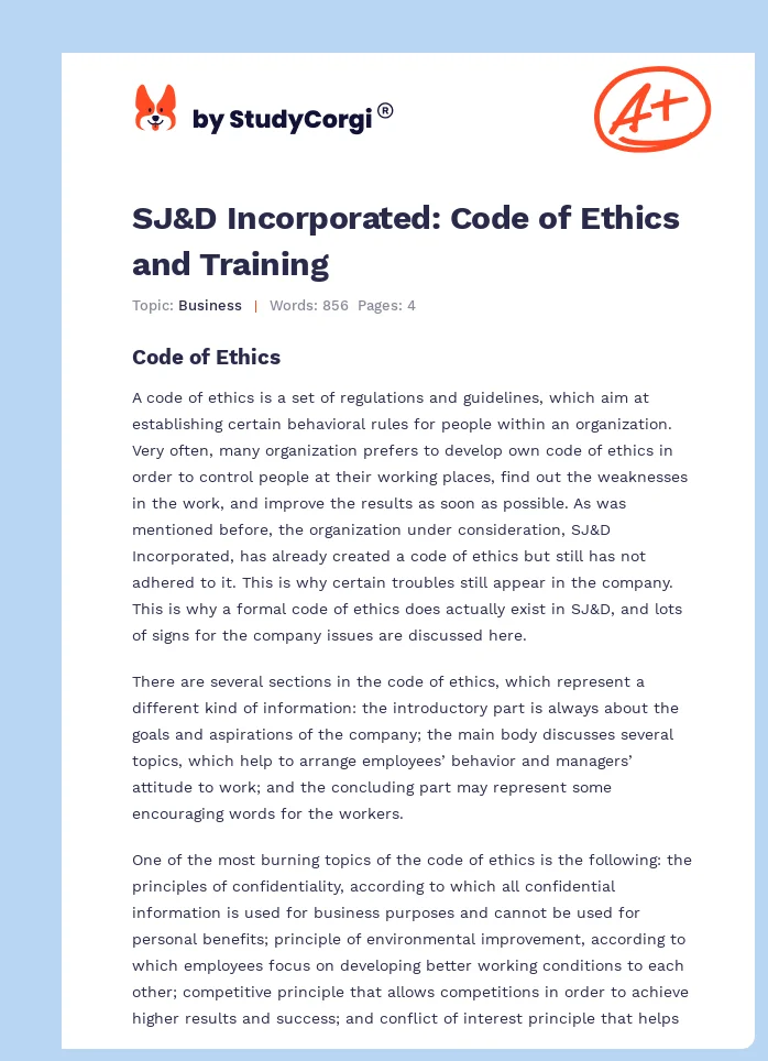 SJ&D Incorporated: Code of Ethics and Training. Page 1