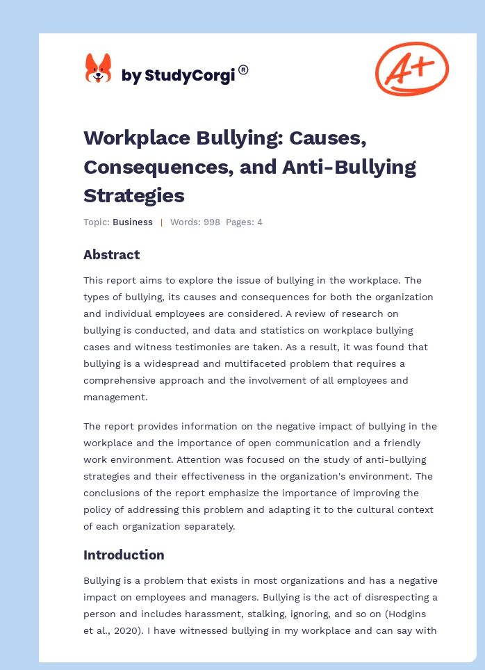 Workplace Bullying: Causes, Consequences, and Anti-Bullying Strategies. Page 1