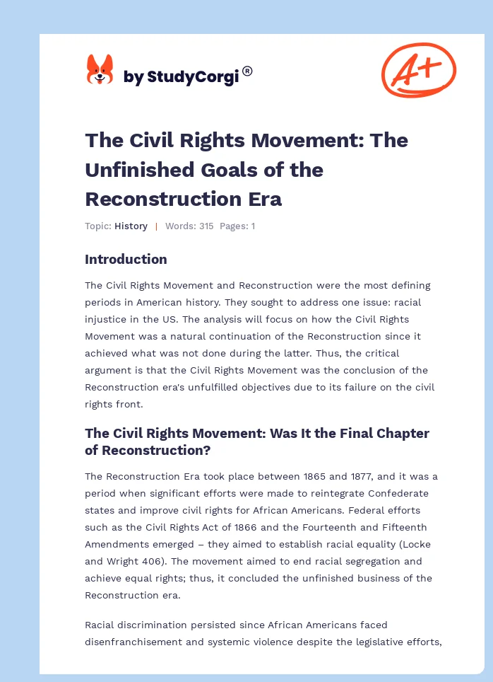 The Civil Rights Movement: The Unfinished Goals of the Reconstruction Era. Page 1