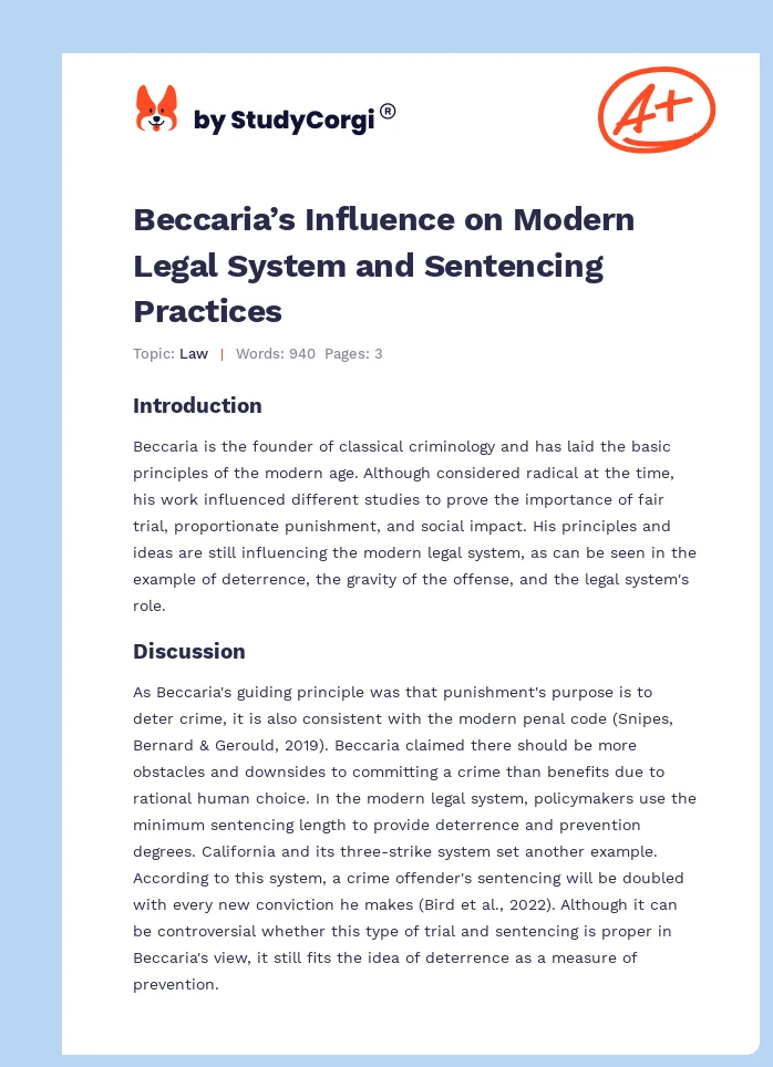 Beccaria’s Influence on Modern Legal System and Sentencing Practices. Page 1