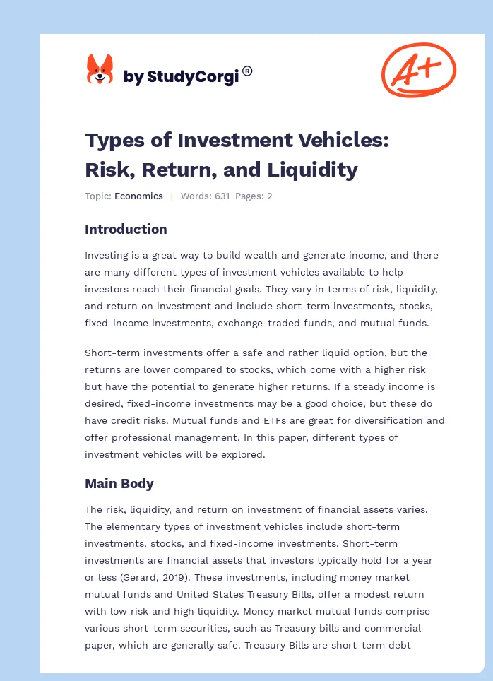 Types of Investment Vehicles: Risk, Return, and Liquidity. Page 1