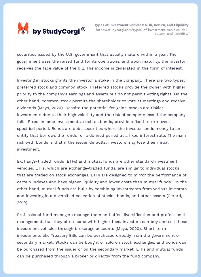 Types of Investment Vehicles: Risk, Return, and Liquidity. Page 2