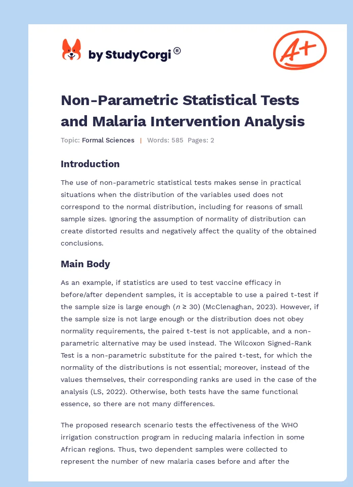 Non-Parametric Statistical Tests and Malaria Intervention Analysis. Page 1