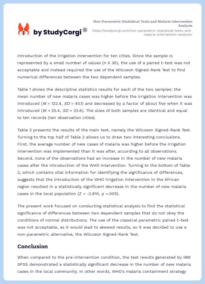 Non-Parametric Statistical Tests and Malaria Intervention Analysis. Page 2