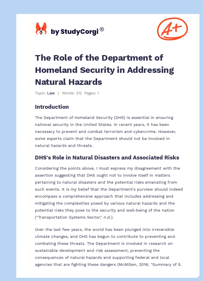 The Role of the Department of Homeland Security in Addressing Natural Hazards. Page 1