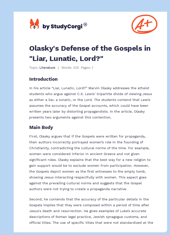 Olasky's Defense of the Gospels in "Liar, Lunatic, Lord?". Page 1