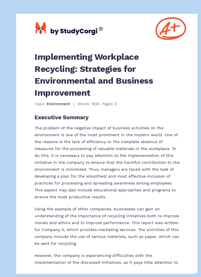 Implementing Workplace Recycling: Strategies for Environmental and Business Improvement. Page 1