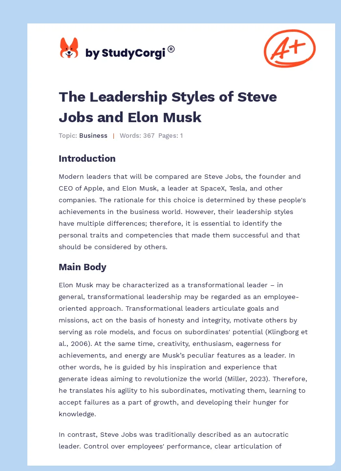 The Leadership Styles of Steve Jobs and Elon Musk. Page 1