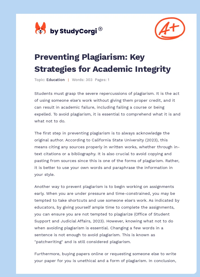 Preventing Plagiarism: Key Strategies for Academic Integrity. Page 1