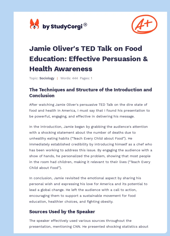 Jamie Oliver's TED Talk on Food Education: Effective Persuasion & Health Awareness. Page 1