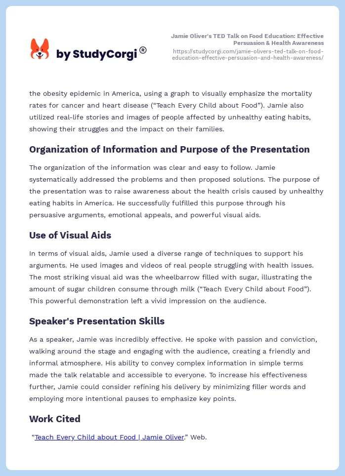 Jamie Oliver's TED Talk on Food Education: Effective Persuasion & Health Awareness. Page 2