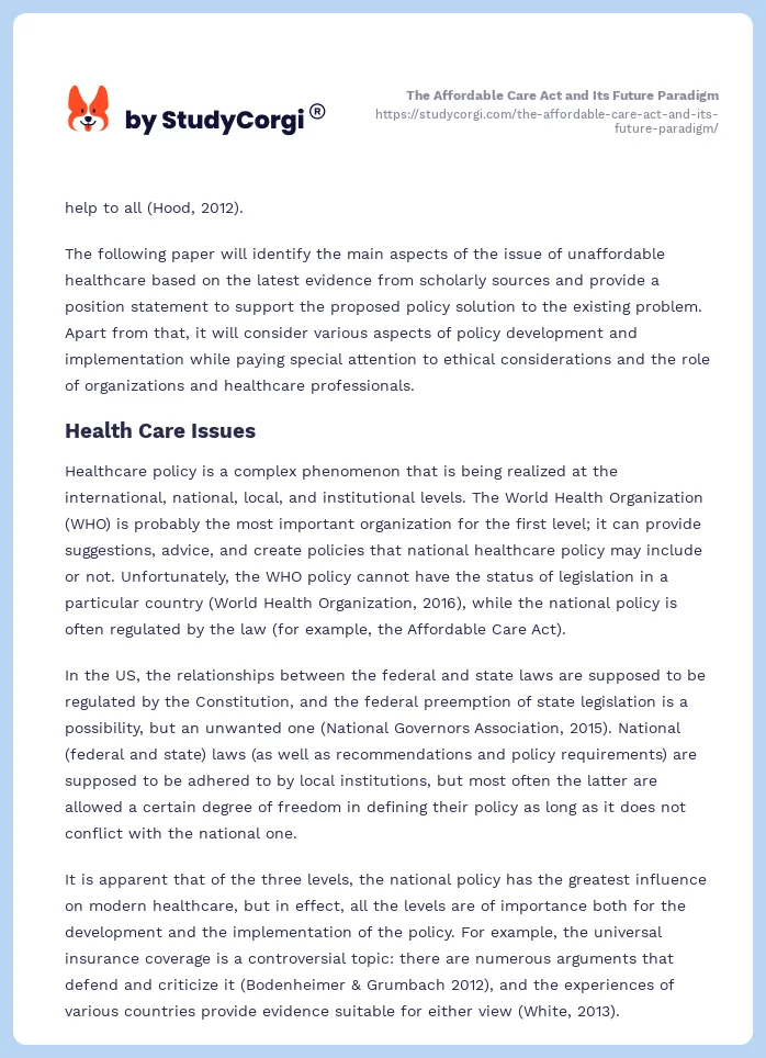 The Affordable Care Act and Its Future Paradigm. Page 2