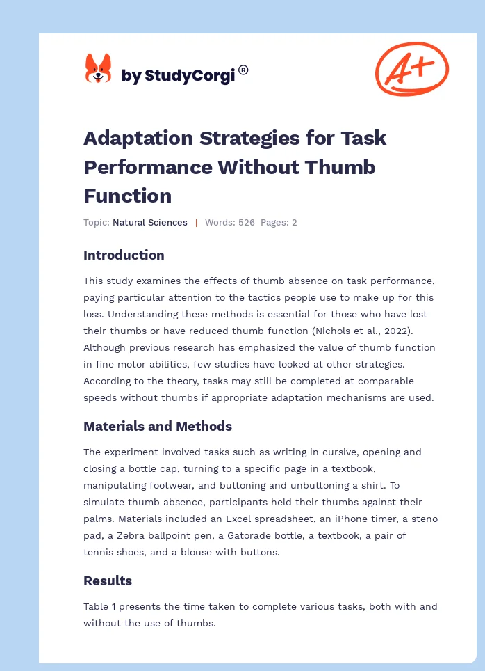 Adaptation Strategies for Task Performance Without Thumb Function. Page 1