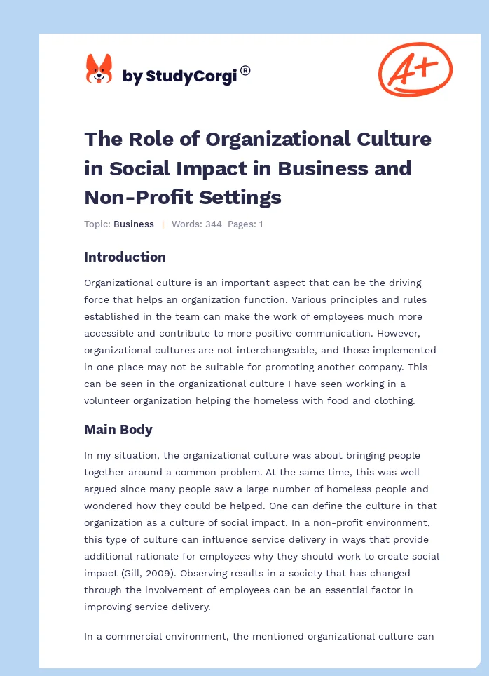 The Role of Organizational Culture in Social Impact in Business and Non-Profit Settings. Page 1