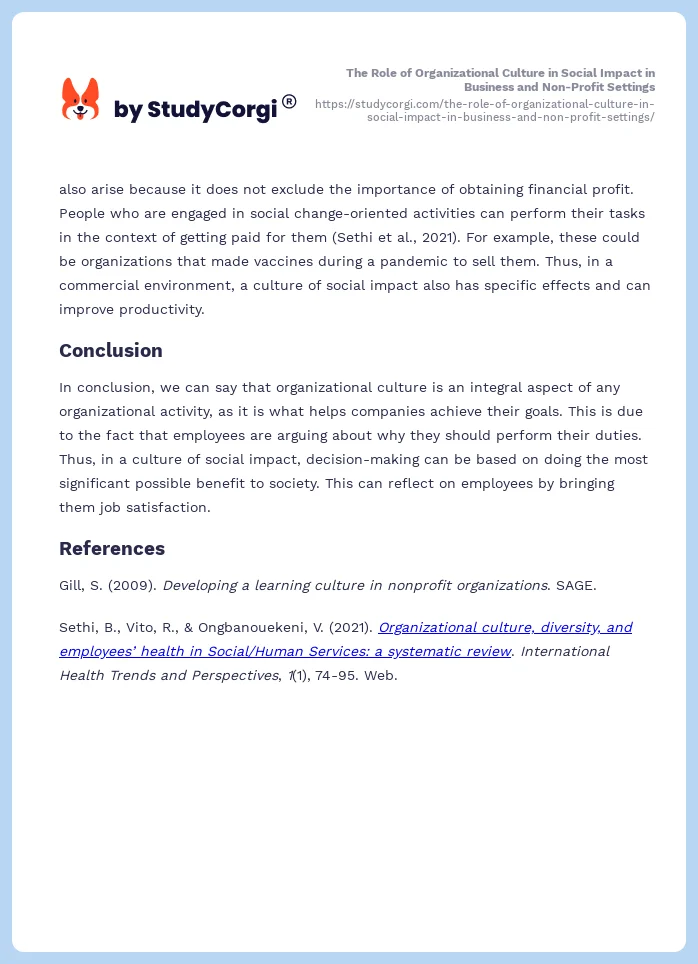 The Role of Organizational Culture in Social Impact in Business and Non-Profit Settings. Page 2