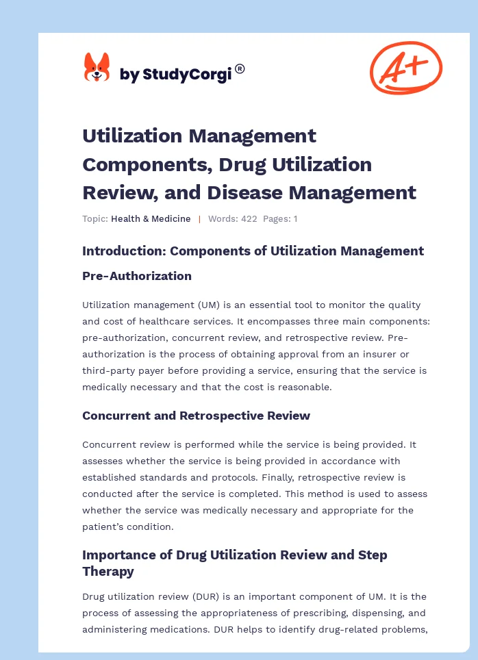 Utilization Management Components, Drug Utilization Review, and Disease Management. Page 1