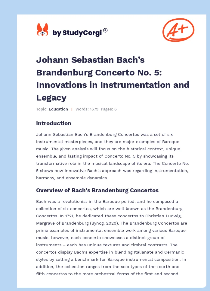 Johann Sebastian Bach’s Brandenburg Concerto No. 5: Innovations in Instrumentation and Legacy. Page 1