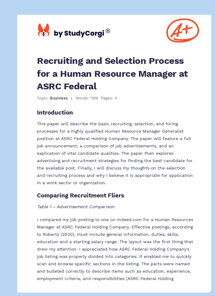 Recruiting and Selection Process for a Human Resource Manager at ASRC Federal. Page 1