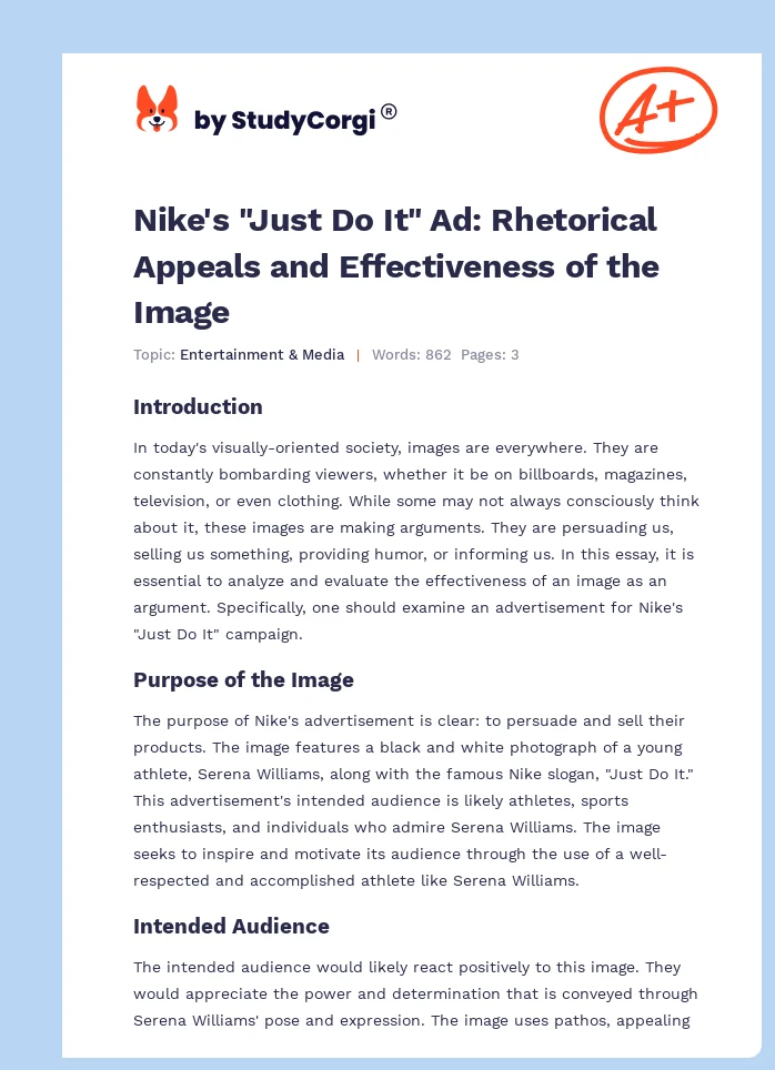 Nike's "Just Do It" Ad: Rhetorical Appeals and Effectiveness of the Image. Page 1