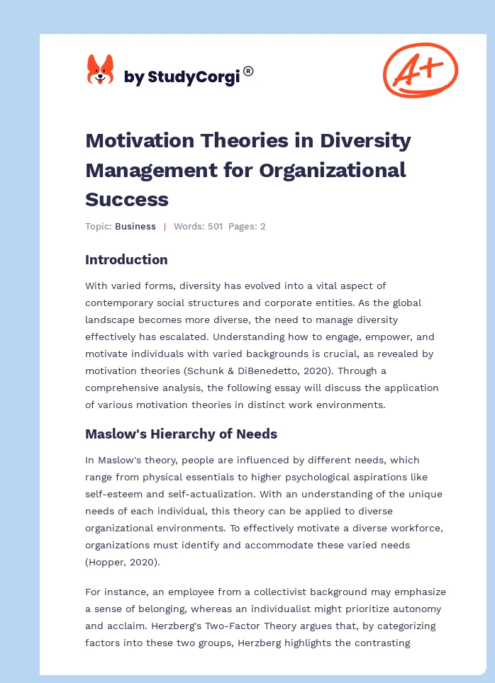 Motivation Theories in Diversity Management for Organizational Success. Page 1