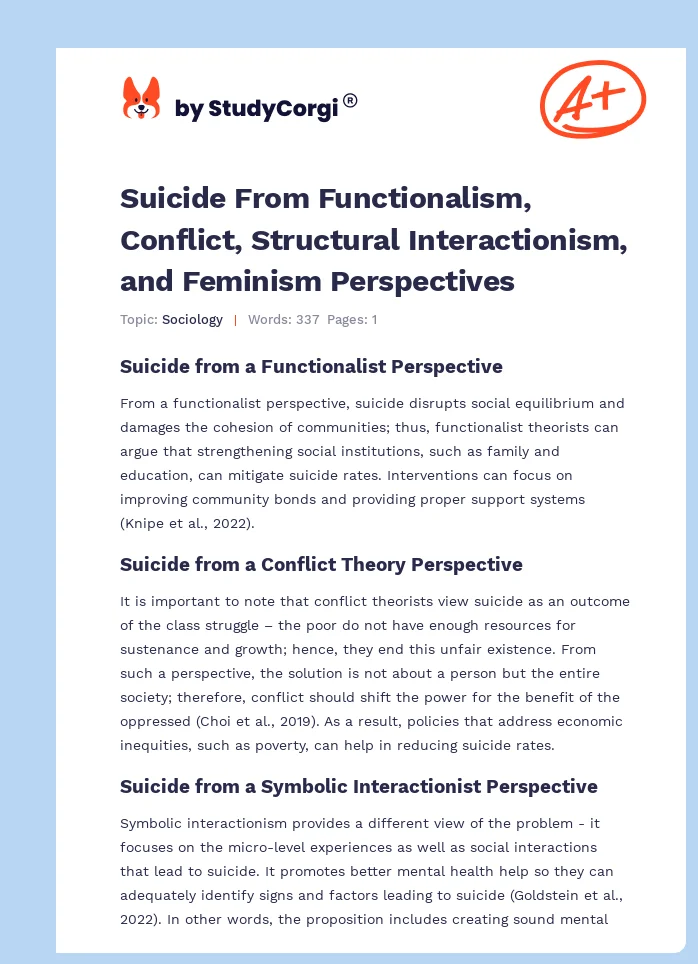 Suicide From Functionalism, Conflict, Structural Interactionism, and Feminism Perspectives. Page 1