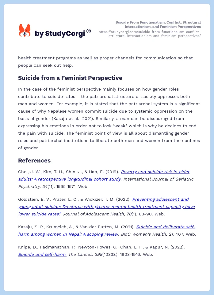 Suicide From Functionalism, Conflict, Structural Interactionism, and Feminism Perspectives. Page 2