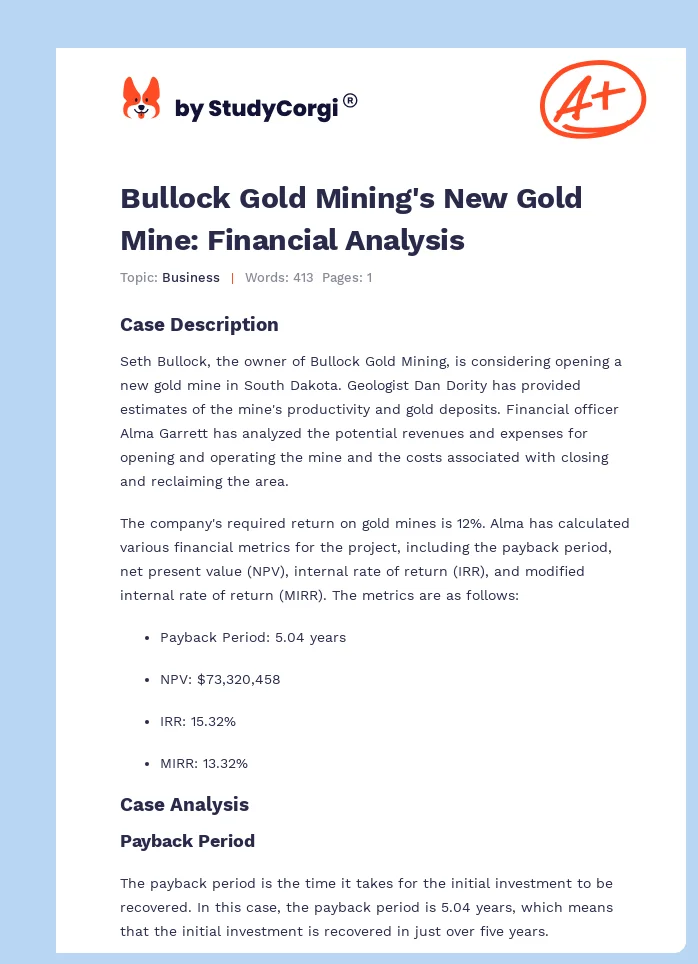 Bullock Gold Mining's New Gold Mine: Financial Analysis. Page 1