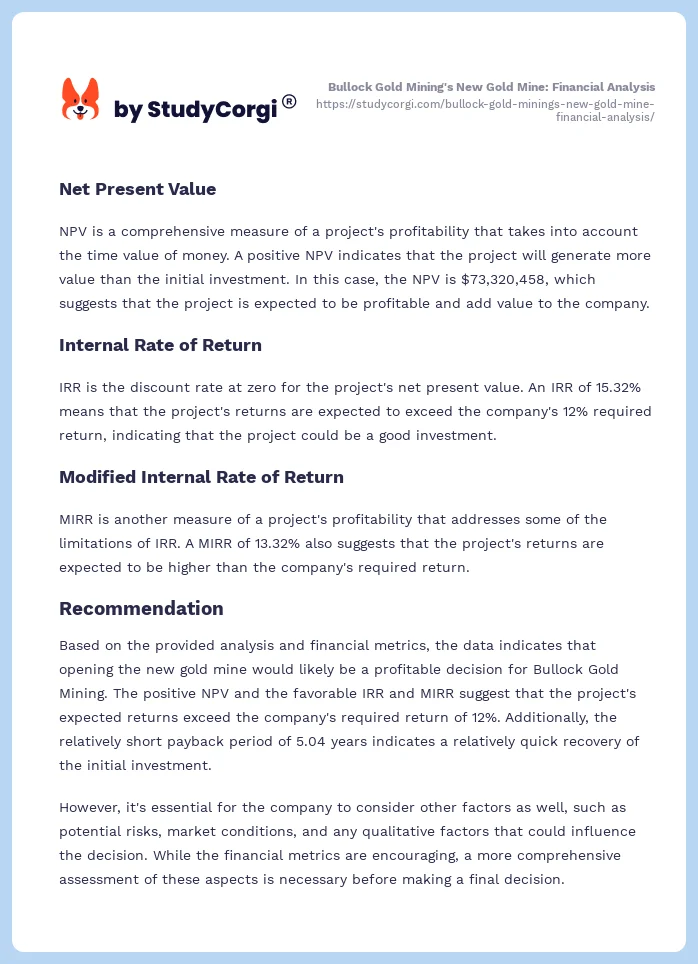 Bullock Gold Mining's New Gold Mine: Financial Analysis. Page 2