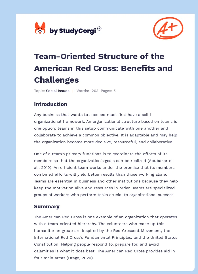 Team-Oriented Structure of the American Red Cross: Benefits and Challenges. Page 1