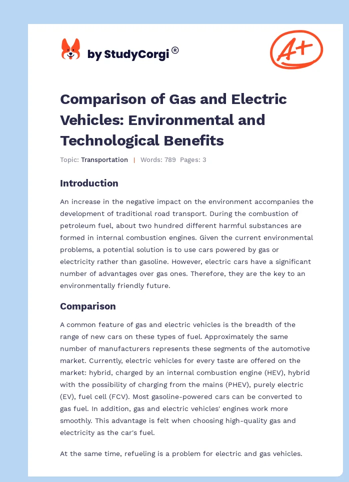 Comparison of Gas and Electric Vehicles: Environmental and Technological Benefits. Page 1