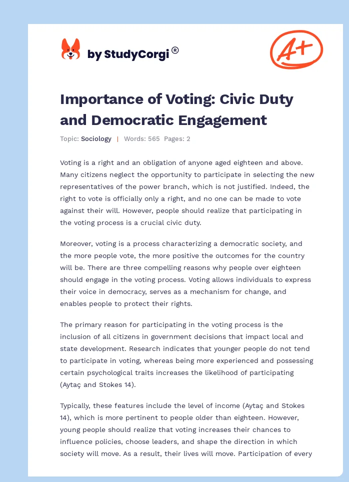 Importance of Voting: Civic Duty and Democratic Engagement. Page 1