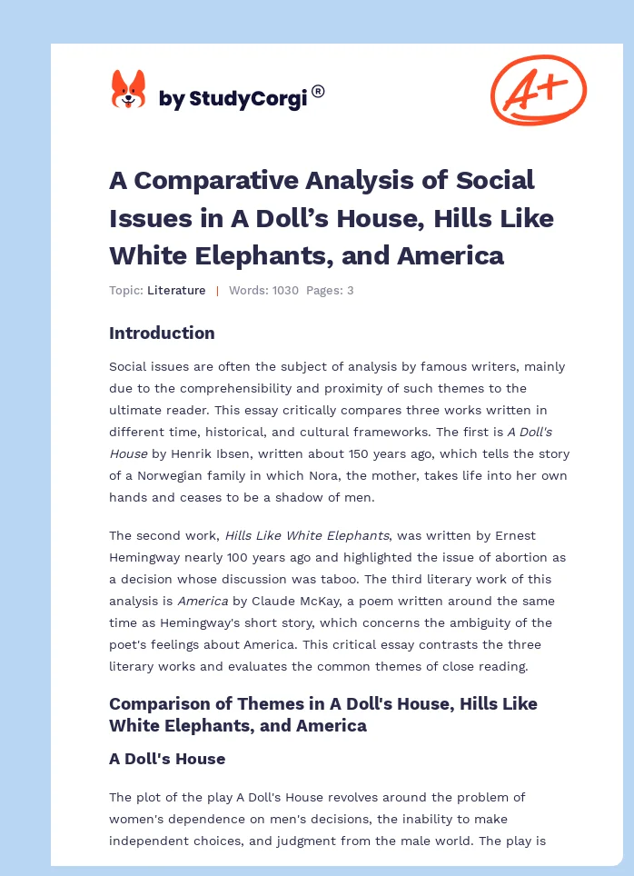 A Comparative Analysis of Social Issues in A Doll’s House, Hills Like White Elephants, and America. Page 1