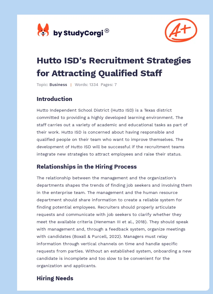 Hutto ISD's Recruitment Strategies for Attracting Qualified Staff. Page 1