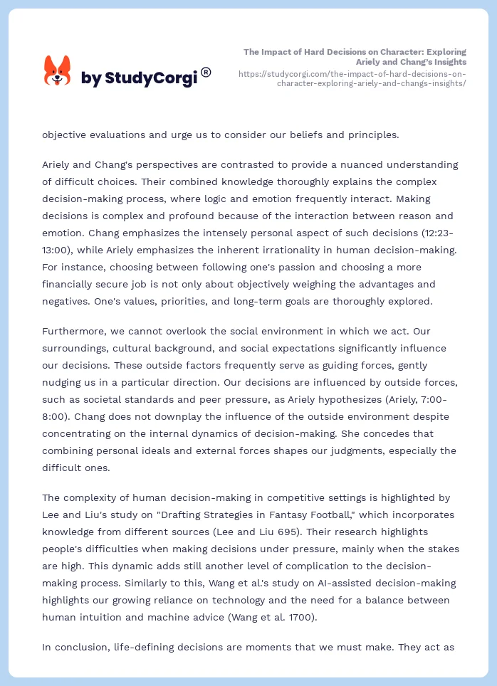 The Impact of Hard Decisions on Character: Exploring Ariely and Chang’s Insights. Page 2