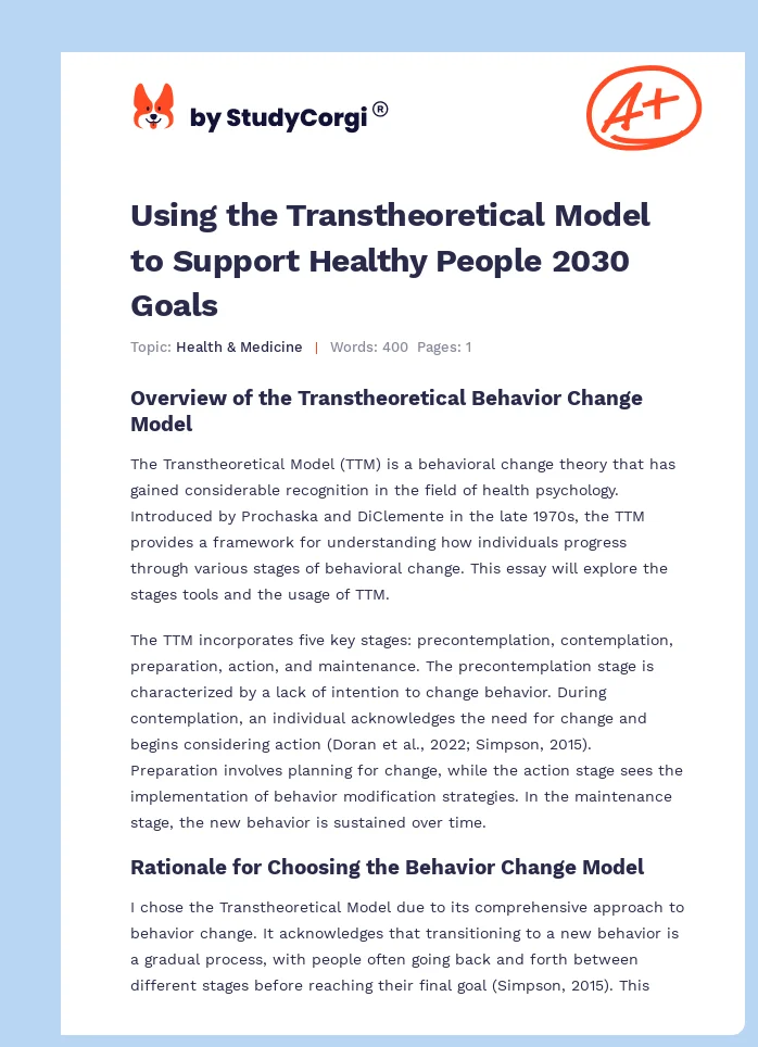 Using the Transtheoretical Model to Support Healthy People 2030 Goals. Page 1