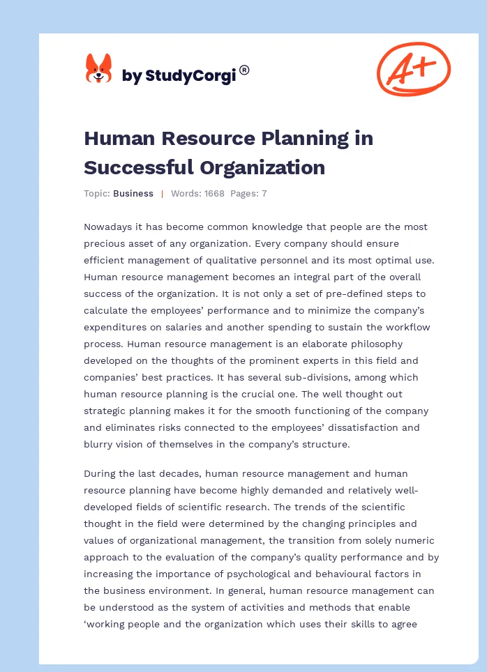 Human Resource Planning in Successful Organization. Page 1