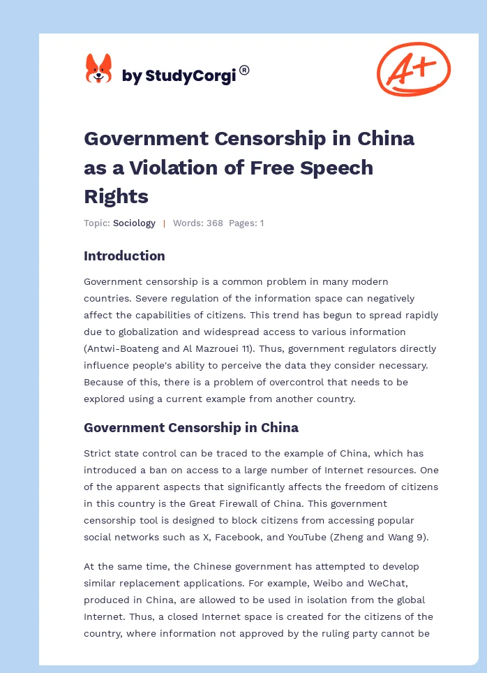 Government Censorship in China as a Violation of Free Speech Rights. Page 1