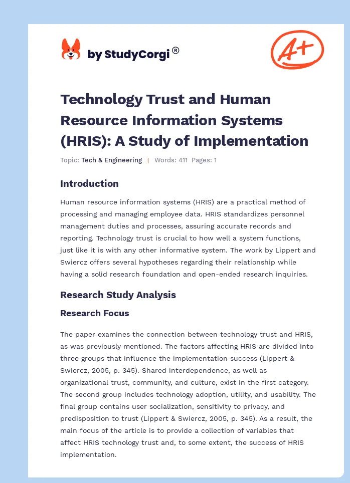 Technology Trust and Human Resource Information Systems (HRIS): A Study of Implementation. Page 1