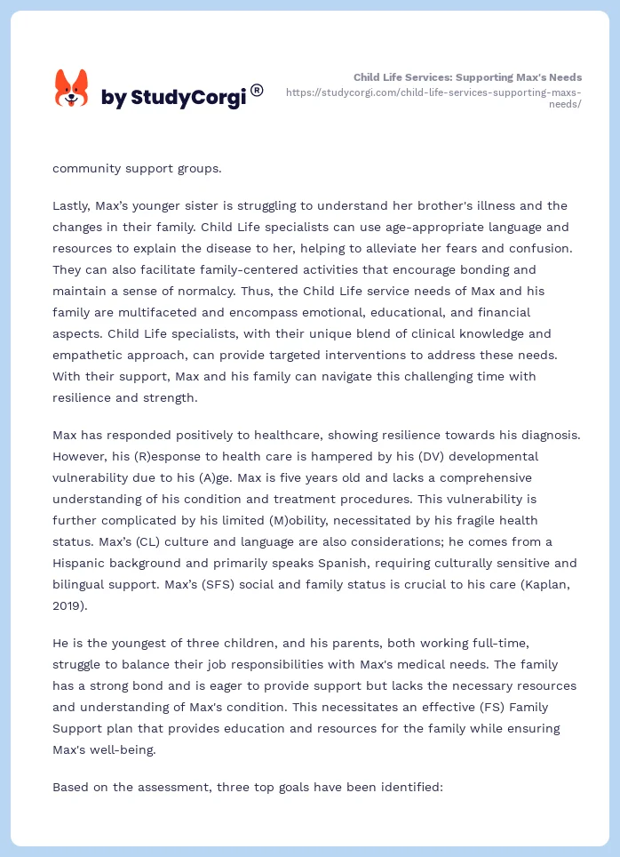 Child Life Services: Supporting Max's Needs. Page 2